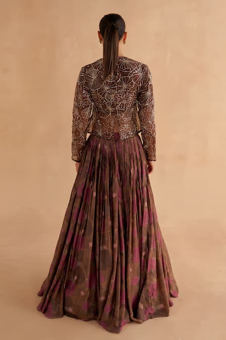 Shop Ruchi Marodia Brown Organza Embroidery Zardozi Open Lotus Jacket at Aza Fashions Shop_Ruchi Marodia_Brown Organza Embroidery Zardozi Open Lotus Jacket _at_Aza_Fashions