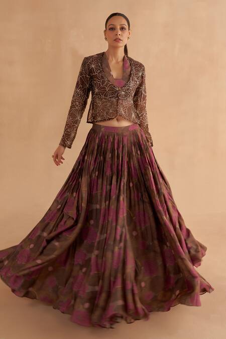 Buy Ruchi Marodia Brown Organza Embroidery Zardozi Open Lotus Jacket Online at Aza Fashions Buy_Ruchi Marodia_Brown Organza Embroidery Zardozi Open Lotus Jacket _Online_at_Aza_Fashions