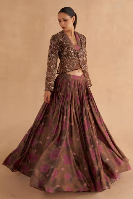 Shop Ruchi Marodia Brown Organza Embroidery Zardozi Open Lotus Jacket Online at Aza Fashions Shop_Ruchi Marodia_Brown Organza Embroidery Zardozi Open Lotus Jacket _Online_at_Aza_Fashions