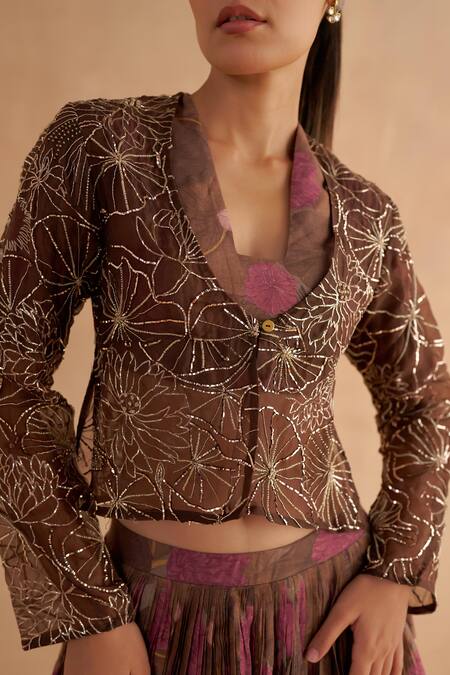 Ruchi Marodia Brown Organza Embroidery Zardozi Open Lotus Jacket at Aza Fashions Ruchi Marodia_Brown Organza Embroidery Zardozi Open Lotus Jacket _at_Aza_Fashions