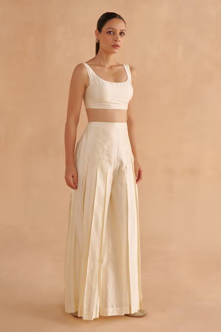 Buy_Ruchi Marodia_White Chiniya Silk Plain Scoop Neck Sleeveless Blouse And Pleated Pant Set _Online_at_Aza_Fashions