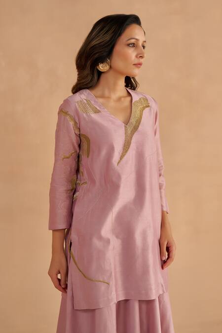Shop_Ruchi Marodia_Purple Chanderi Zari V-neck Placement Embroidered Kurta And Sharara Set _Online_at_Aza_Fashions
