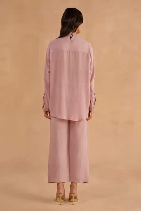 Shop Ruchi Marodia Purple Crepe Silk Embroidery Cutdana Collar Shirt And Pant Set at Aza Fashions Shop_Ruchi Marodia_Purple Crepe Silk Embroidery Cutdana Collar Shirt And Pant Set _at_Aza_Fashions