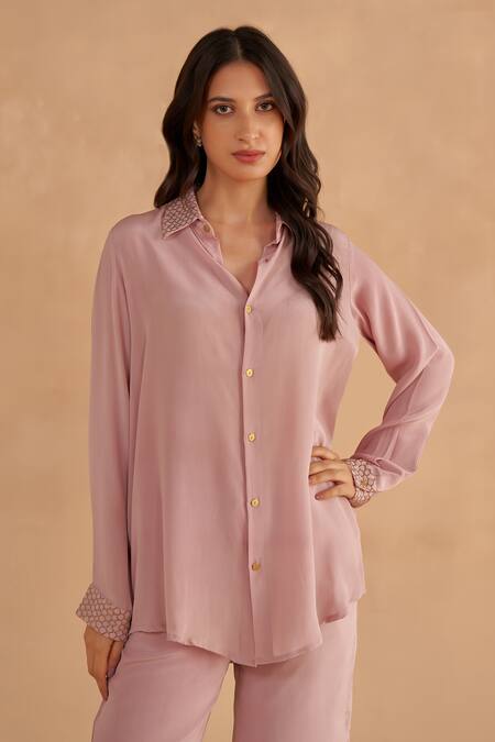 Buy Ruchi Marodia Purple Crepe Silk Embroidery Cutdana Collar Shirt And Pant Set Online at Aza Fashions Buy_Ruchi Marodia_Purple Crepe Silk Embroidery Cutdana Collar Shirt And Pant Set _Online_at_Aza_Fashions