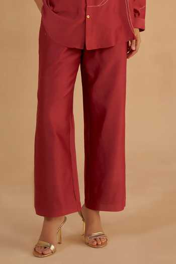 Ruchi Marodia_Red Chanderi Embroidery Zardozi Collar Placement Shirt And Pant Set _Online_at_Aza_Fashions