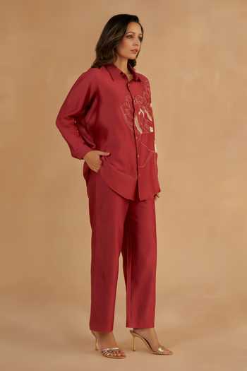 Buy_Ruchi Marodia_Red Chanderi Embroidery Zardozi Collar Placement Shirt And Pant Set _Online_at_Aza_Fashions