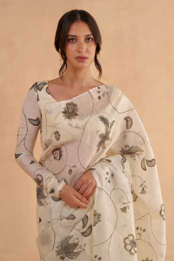 Buy_Ruchi Marodia_Ivory Tussar Embroidery V-neck Vintage Floral Print Saree With Blouse _Online_at_Aza_Fashions