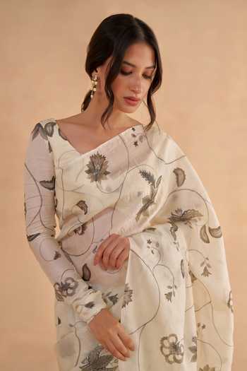 Shop_Ruchi Marodia_Ivory Tussar Embroidery V-neck Vintage Floral Print Saree With Blouse _Online_at_Aza_Fashions