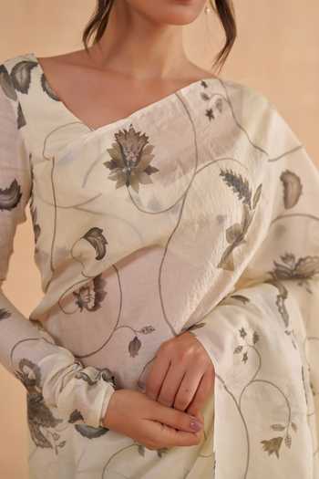 Ruchi Marodia_Ivory Tussar Embroidery V-neck Vintage Floral Print Saree With Blouse _at_Aza_Fashions