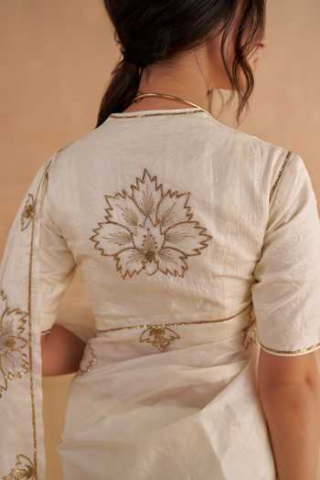 Shop_Ruchi Marodia_Ivory Tussar Embroidery Square Neck Vintage Floral Saree With Blouse _Online_at_Aza_Fashions