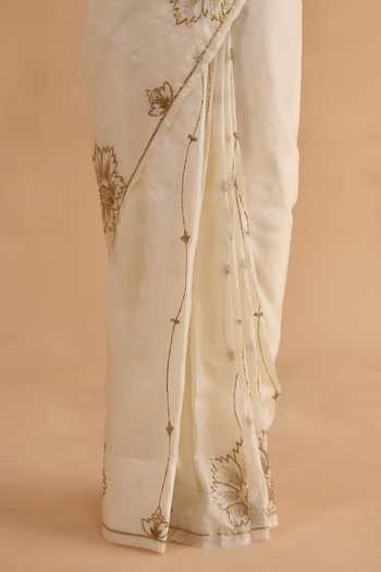 Ruchi Marodia_Ivory Tussar Embroidery Square Neck Vintage Floral Saree With Blouse _at_Aza_Fashions