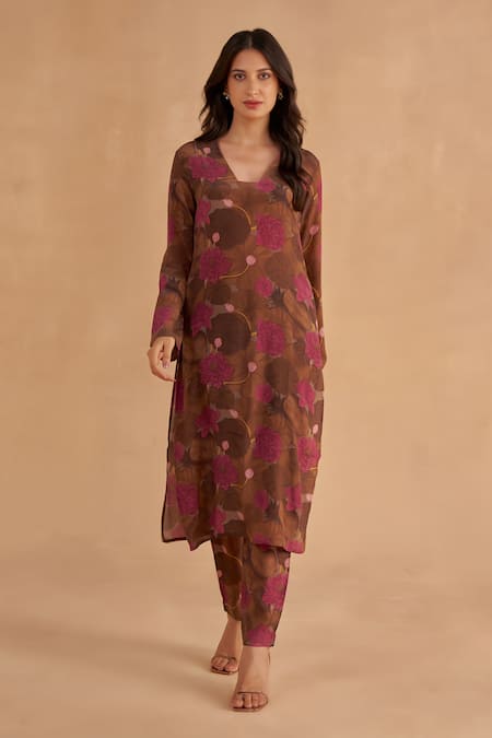 Shop Ruchi Marodia Brown Organza, Crepe V-neck Lotus Print Kurta And Pant Set at Aza Fashions Shop_Ruchi Marodia_Brown Organza, Crepe V-neck Lotus Print Kurta And Pant Set _at_Aza_Fashions