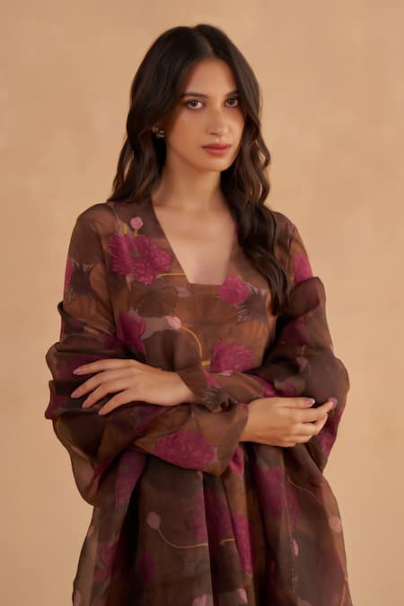 Buy Ruchi Marodia Brown Organza, Crepe V-neck Lotus Print Kurta And Pant Set Online at Aza Fashions Buy_Ruchi Marodia_Brown Organza, Crepe V-neck Lotus Print Kurta And Pant Set _Online_at_Aza_Fashions