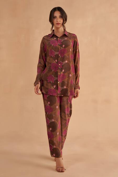 Buy_Ruchi Marodia_Brown Crepe Silk Print Lotus Collared Neck Shirt With Pant _Online_at_Aza_Fashions