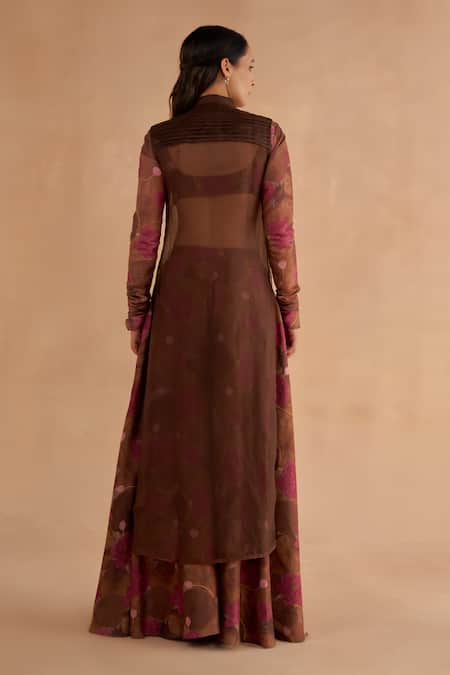 Shop Ruchi Marodia Brown Organza, Chanderi Embroidery Sheer Tunic And Lotus Print Flared Sharara Set at Aza Fashions Shop_Ruchi Marodia_Brown Organza, Chanderi Embroidery Sheer Tunic And Lotus Print Flared Sharara Set _at_Aza_Fashions