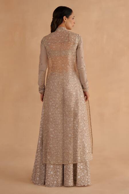 Shop Ruchi Marodia Grey Organza, Chanderi Embroidery, Zari Floral Print Tunic And Flared Pant Set at Aza Fashions Shop_Ruchi Marodia_Grey Organza, Chanderi Embroidery, Zari Floral Print Tunic And Flared Pant Set _at_Aza_Fashions