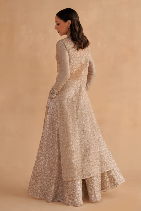 Ruchi Marodia Grey Organza, Chanderi Embroidery, Zari Floral Print Tunic And Flared Pant Set Online at Aza Fashions Ruchi Marodia_Grey Organza, Chanderi Embroidery, Zari Floral Print Tunic And Flared Pant Set _Online_at_Aza_Fashions