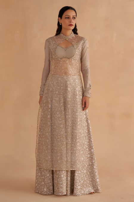 Buy Ruchi Marodia Grey Organza, Chanderi Embroidery, Zari Floral Print Tunic And Flared Pant Set Online at Aza Fashions Buy_Ruchi Marodia_Grey Organza, Chanderi Embroidery, Zari Floral Print Tunic And Flared Pant Set _Online_at_Aza_Fashions