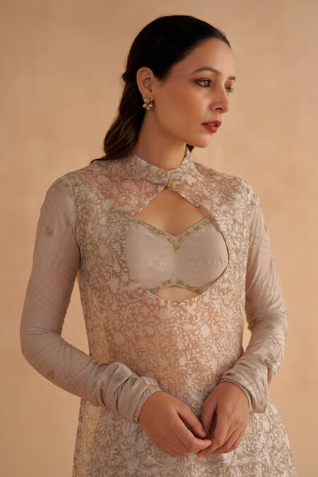 Shop Ruchi Marodia Grey Organza, Chanderi Embroidery, Zari Floral Print Tunic And Flared Pant Set Online at Aza Fashions Shop_Ruchi Marodia_Grey Organza, Chanderi Embroidery, Zari Floral Print Tunic And Flared Pant Set _Online_at_Aza_Fashions