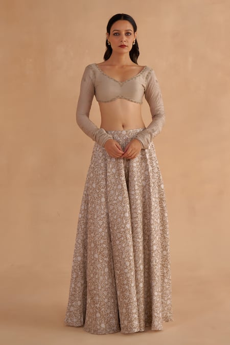 Ruchi Marodia Grey Organza, Chanderi Embroidery, Zari Floral Print Tunic And Flared Pant Set at Aza Fashions Ruchi Marodia_Grey Organza, Chanderi Embroidery, Zari Floral Print Tunic And Flared Pant Set _at_Aza_Fashions