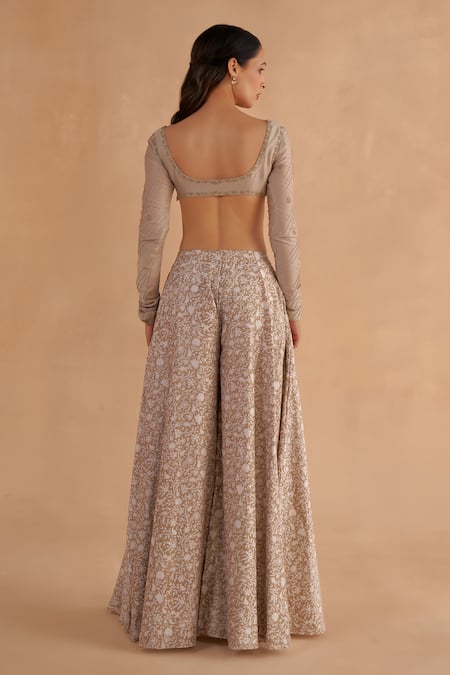 Buy Ruchi Marodia Grey Organza, Chanderi Embroidery, Zari Floral Print Tunic And Flared Pant Set Buy_Ruchi Marodia_Grey Organza, Chanderi Embroidery, Zari Floral Print Tunic And Flared Pant Set