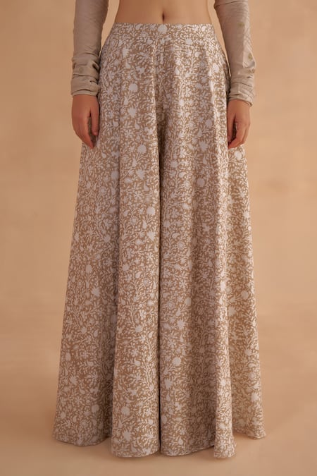 Shop Ruchi Marodia Grey Organza, Chanderi Embroidery, Zari Floral Print Tunic And Flared Pant Set Shop_Ruchi Marodia_Grey Organza, Chanderi Embroidery, Zari Floral Print Tunic And Flared Pant Set