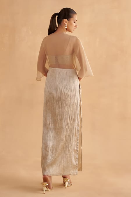 Shop Ruchi Marodia Grey Silk, Crepe, Mohair Zari, Embroidery V-neck Sheer Bodice Tunic And Pant Set at Aza Fashions Shop_Ruchi Marodia_Grey Silk, Crepe, Mohair Zari, Embroidery V-neck Sheer Bodice Tunic And Pant Set _at_Aza_Fashions