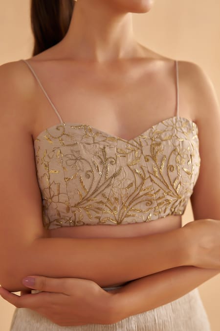 Ruchi Marodia Grey Silk, Crepe, Mohair Zari, Embroidery V-neck Sheer Bodice Tunic And Pant Set at Aza Fashions Ruchi Marodia_Grey Silk, Crepe, Mohair Zari, Embroidery V-neck Sheer Bodice Tunic And Pant Set _at_Aza_Fashions