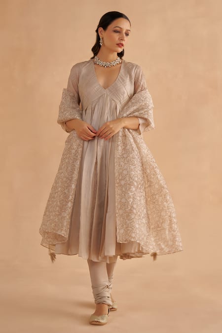 Ruchi Marodia Grey Paper Tussar Embroidery Floral V Neck Hand Anarkali And Churidar Set 