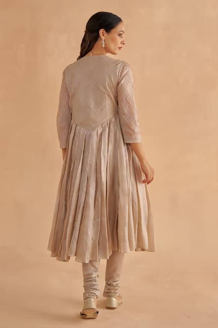 Ruchi Marodia_Grey Chanderi, Tussar Embroidery, Zari V-neck Hand Anarkali And Churidar Set _Online_at_Aza_Fashions