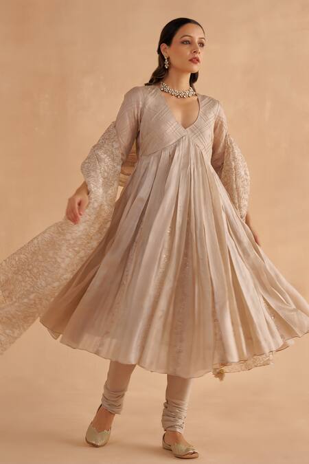 Buy_Ruchi Marodia_Grey Chanderi, Tussar Embroidery, Zari V-neck Hand Anarkali And Churidar Set _Online_at_Aza_Fashions