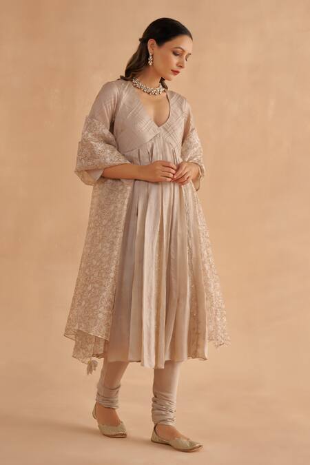 Shop_Ruchi Marodia_Grey Chanderi, Tussar Embroidery, Zari V-neck Hand Anarkali And Churidar Set _Online_at_Aza_Fashions