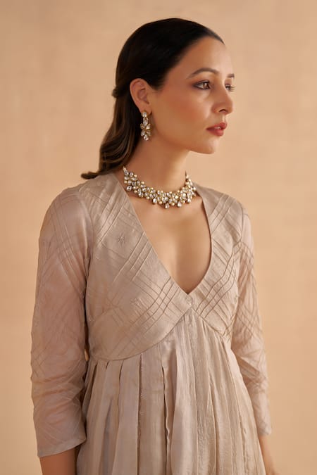 Buy_Ruchi Marodia_Grey Chanderi, Tussar Embroidery, Zari V-neck Hand Anarkali And Churidar Set 