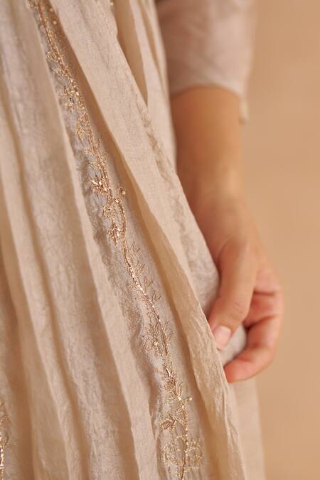 Shop_Ruchi Marodia_Grey Chanderi, Tussar Embroidery, Zari V-neck Hand Anarkali And Churidar Set 