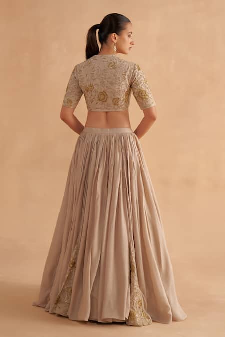 Ruchi Marodia Grey Organza, Mohair Embroidery, Zari V-neck Floral Hand Blouse And Lehenga Set Online at Aza Fashions Ruchi Marodia_Grey Organza, Mohair Embroidery, Zari V-neck Floral Hand Blouse And Lehenga Set _Online_at_Aza_Fashions