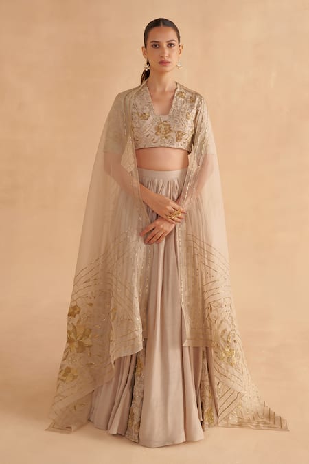 Ruchi Marodia Grey Organza, Mohair Embroidery, Zari V-neck Floral Hand Blouse And Lehenga Set at Aza Fashions Ruchi Marodia_Grey Organza, Mohair Embroidery, Zari V-neck Floral Hand Blouse And Lehenga Set _at_Aza_Fashions