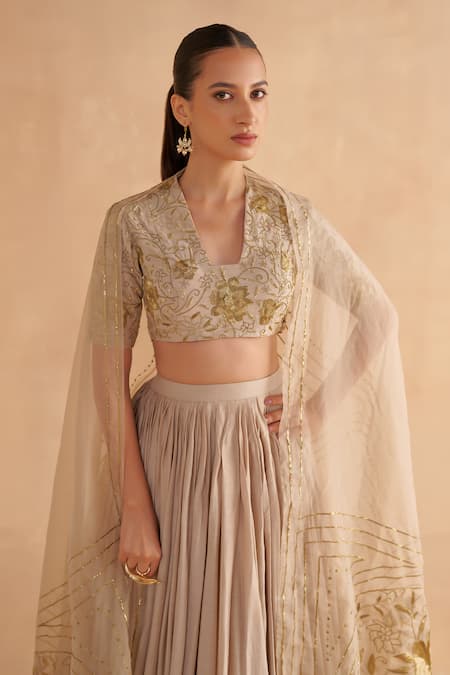 Buy Ruchi Marodia Grey Organza, Mohair Embroidery, Zari V-neck Floral Hand Blouse And Lehenga Set Buy_Ruchi Marodia_Grey Organza, Mohair Embroidery, Zari V-neck Floral Hand Blouse And Lehenga Set