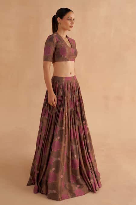 Ruchi Marodia Brown Mohair, Silk Embroidery Cowl Neck Lotus Print Blouse With Lehenga Online at Aza Fashions Ruchi Marodia_Brown Mohair, Silk Embroidery Cowl Neck Lotus Print Blouse With Lehenga _Online_at_Aza_Fashions
