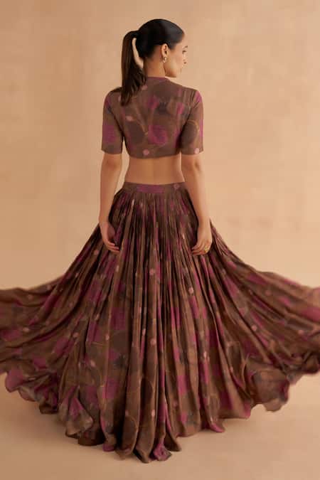 Buy Ruchi Marodia Brown Mohair, Silk Embroidery Cowl Neck Lotus Print Blouse With Lehenga Online at Aza Fashions Buy_Ruchi Marodia_Brown Mohair, Silk Embroidery Cowl Neck Lotus Print Blouse With Lehenga _Online_at_Aza_Fashions