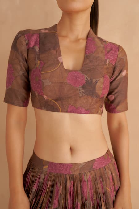 Shop Ruchi Marodia Brown Mohair, Silk Embroidery Cowl Neck Lotus Print Blouse With Lehenga Online at Aza Fashions Shop_Ruchi Marodia_Brown Mohair, Silk Embroidery Cowl Neck Lotus Print Blouse With Lehenga _Online_at_Aza_Fashions