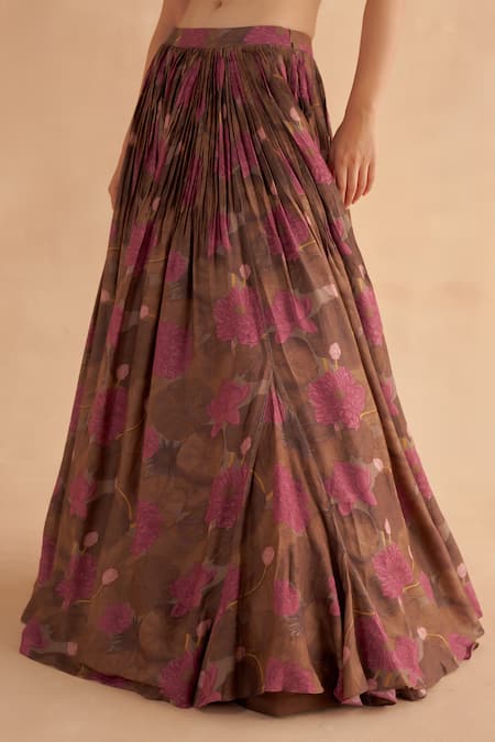 Ruchi Marodia Brown Mohair, Silk Embroidery Cowl Neck Lotus Print Blouse With Lehenga at Aza Fashions Ruchi Marodia_Brown Mohair, Silk Embroidery Cowl Neck Lotus Print Blouse With Lehenga _at_Aza_Fashions