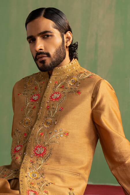 Shop_Studio Bagechaa_Yellow Chanderi Silk, Linen Embroidery, Diamonds, Floral Bundi And Kurta Set _Online_at_Aza_Fashions