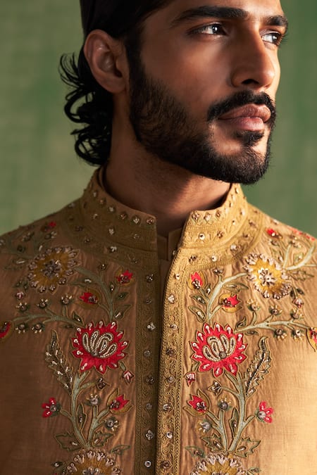 Studio Bagechaa_Yellow Chanderi Silk, Linen Embroidery, Diamonds, Floral Bundi And Kurta Set _at_Aza_Fashions