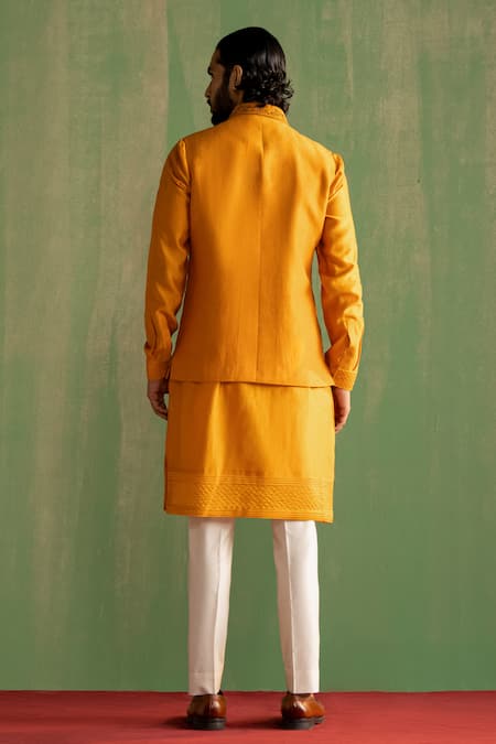 Shop Studio Bagechaa Yellow Chanderi Silk, Linen, Satin Cut Chevron Embroidered Bundi And Kurta Set at Aza Fashions Shop_Studio Bagechaa_Yellow Chanderi Silk, Linen, Satin Cut Chevron Embroidered Bundi And Kurta Set _at_Aza_Fashions