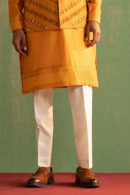 Studio Bagechaa Yellow Chanderi Silk, Linen, Satin Cut Chevron Embroidered Bundi And Kurta Set Online at Aza Fashions Studio Bagechaa_Yellow Chanderi Silk, Linen, Satin Cut Chevron Embroidered Bundi And Kurta Set _Online_at_Aza_Fashions