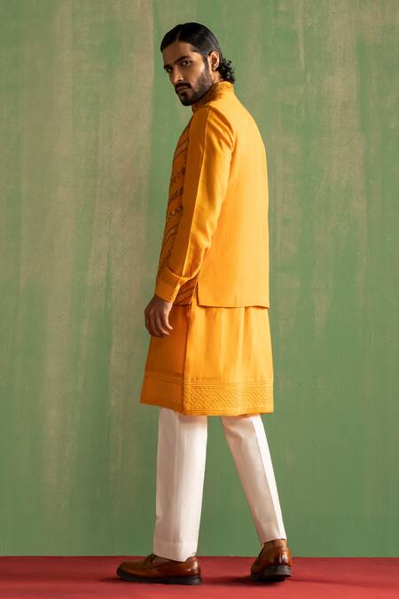 Shop Studio Bagechaa Yellow Chanderi Silk, Linen, Satin Cut Chevron Embroidered Bundi And Kurta Set Online at Aza Fashions Shop_Studio Bagechaa_Yellow Chanderi Silk, Linen, Satin Cut Chevron Embroidered Bundi And Kurta Set _Online_at_Aza_Fashions