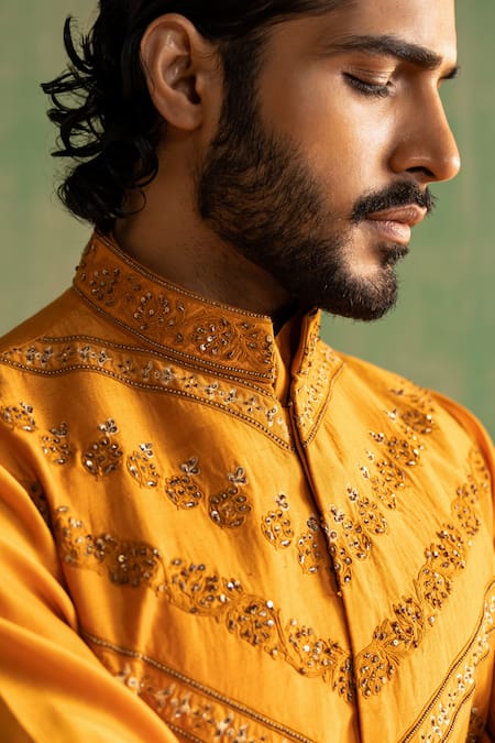 Studio Bagechaa Yellow Chanderi Silk, Linen, Satin Cut Chevron Embroidered Bundi And Kurta Set at Aza Fashions Studio Bagechaa_Yellow Chanderi Silk, Linen, Satin Cut Chevron Embroidered Bundi And Kurta Set _at_Aza_Fashions