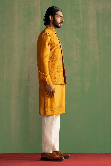 Buy_Studio Bagechaa_Yellow Chanderi Silk, Linen, Satin Embroidery, Hexagon Bundi And Kurta Set_Online_at_Aza_Fashions