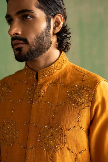 Shop_Studio Bagechaa_Yellow Chanderi Silk, Linen, Satin Embroidery, Hexagon Bundi And Kurta Set_Online_at_Aza_Fashions
