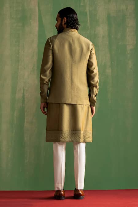 Studio Bagechaa Sage Green Embroidered Bundi & Kurta Set 